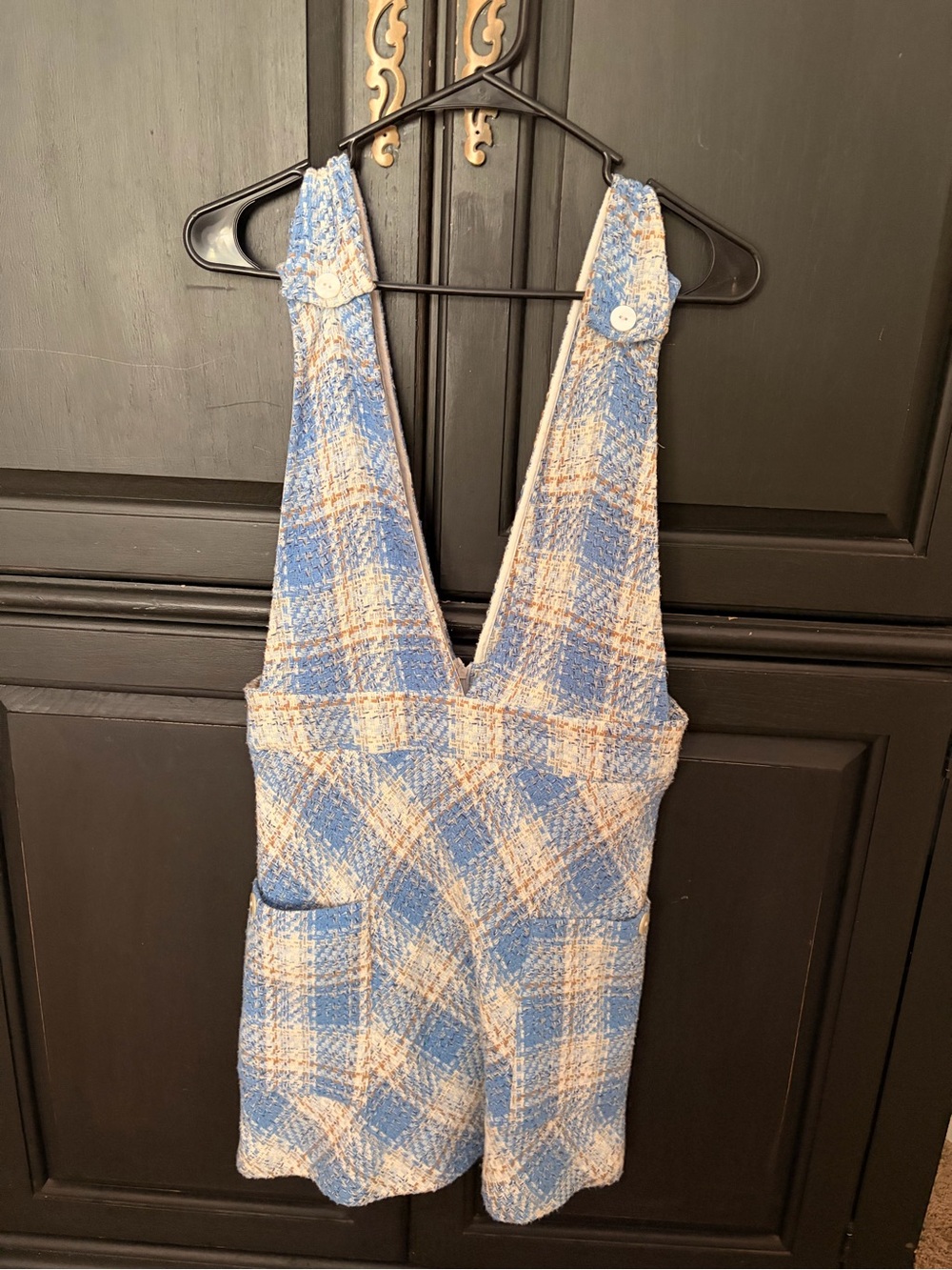 ZARA Blue White Plaid Tweed Pinafore Mini Dress Overall Plunge V-Neck (M)